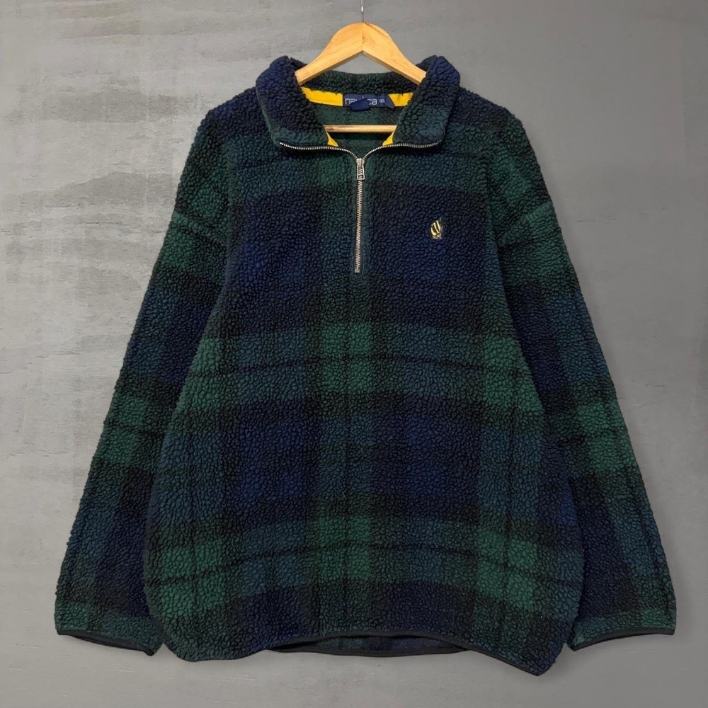 Vintage Nautica Plaid Deep Pile Fleece Quarter Zip Pullover Sweatshirt Men's XXL